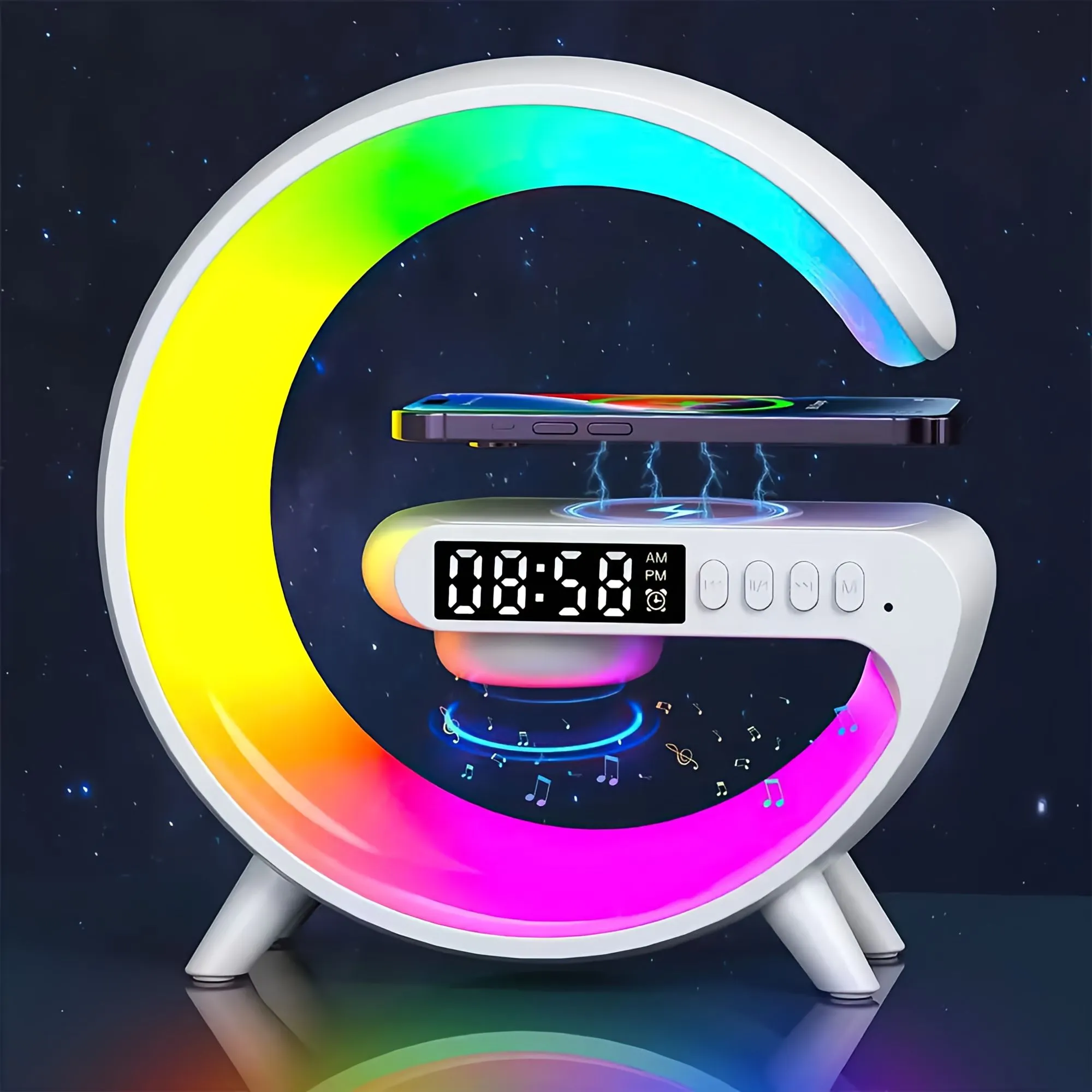 5IN1 Smart wireless Charger Table Lamp Bluetooth Speaker Alarm Clock RGB Colorful Atmosphere Lights